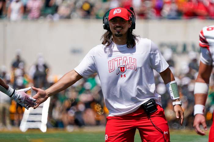Sep 9, 2023; Waco, Texas, USA; Utah Utes quarterback Cameron Rising (7) on the sidelines following a Utah Utes touchdown against the Baylor Bears during the second half at McLane Stadium. Mandatory Credit: Raymond Carlin III-USA TODAY Sports